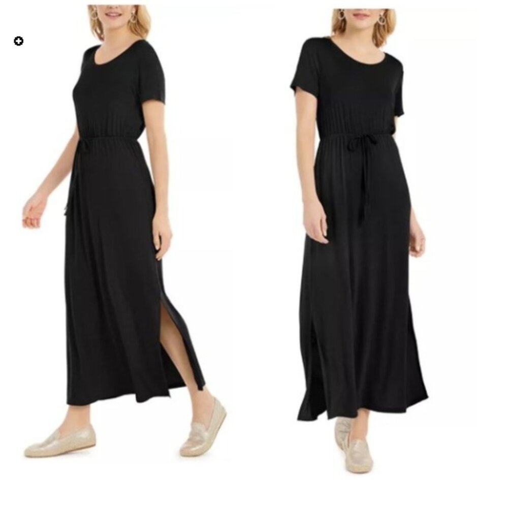 Style & Co Women's Short Sleeve Tie Waist Maxi Dress Size-Small Color: Black NWT